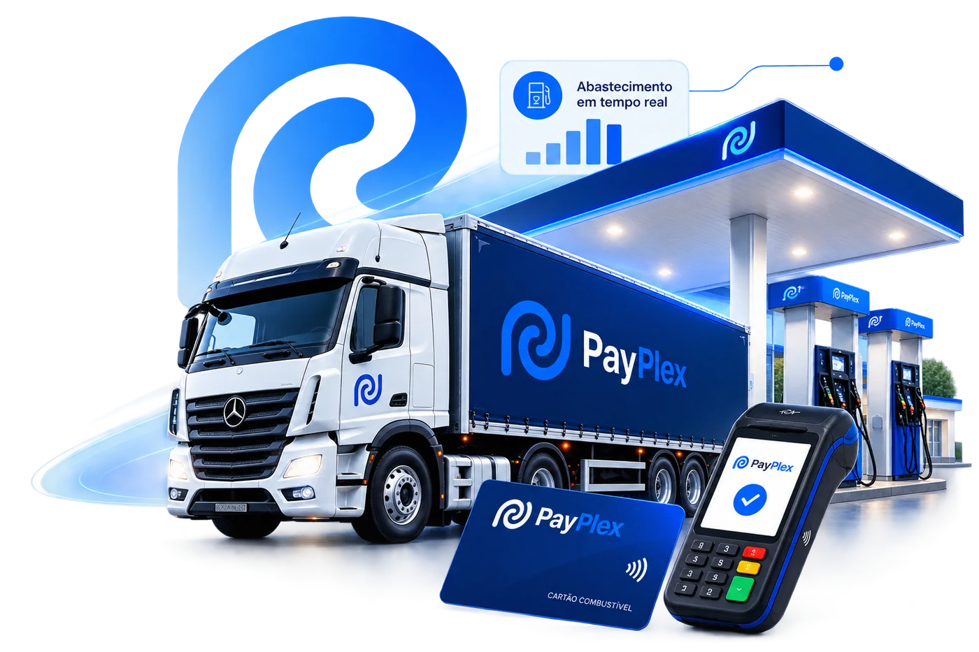 Caminhão PayPlex abastecendo em posto credenciado, com cartão combustível e maquininha